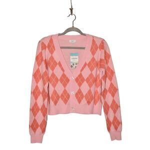 CABANA BY CROWN & IVY NEW $45 Pink/Coral Argyle Cropped Cardigan Small
